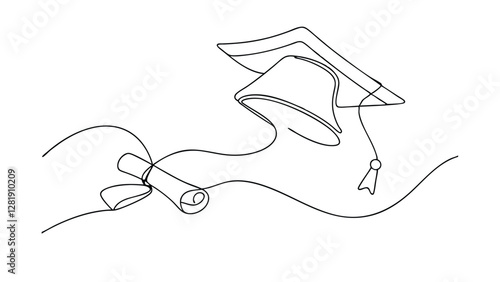 A continuous line drawing depicts a graduation cap and diploma, symbolizing academic achievement and the celebration of educational success. Simple, elegant design.