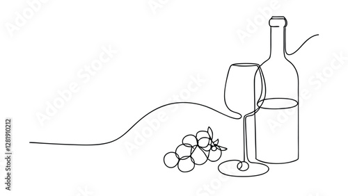 Wine Bottle, Glass, Grapes OneLine Art Drawing Minimalist Design