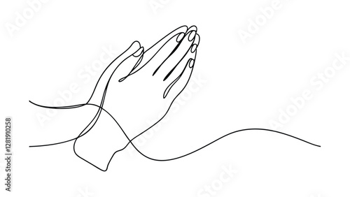 A minimalist line drawing depicts two hands clasped in prayer. The single continuous line creates a simple yet elegant image symbolizing faith, hope, and devotion. Clean, white background.