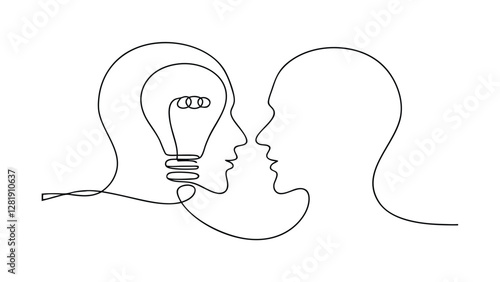 A singleline drawing depicts two facing profiles, one containing a lightbulb, symbolizing idea exchange and collaborative brainstorming. It represents communication, innovation, and creative problemso