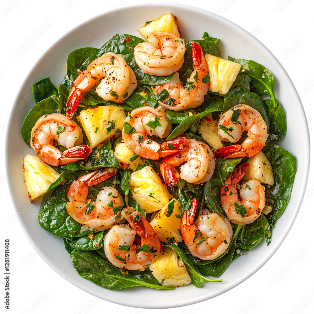 A bowl of spinach salad with shrimp and pineapple.