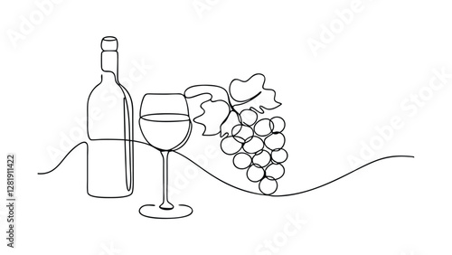Oneline drawing wine bottle, glass, grapes, vineyard, alcohol, beverage, drink, red wine, 