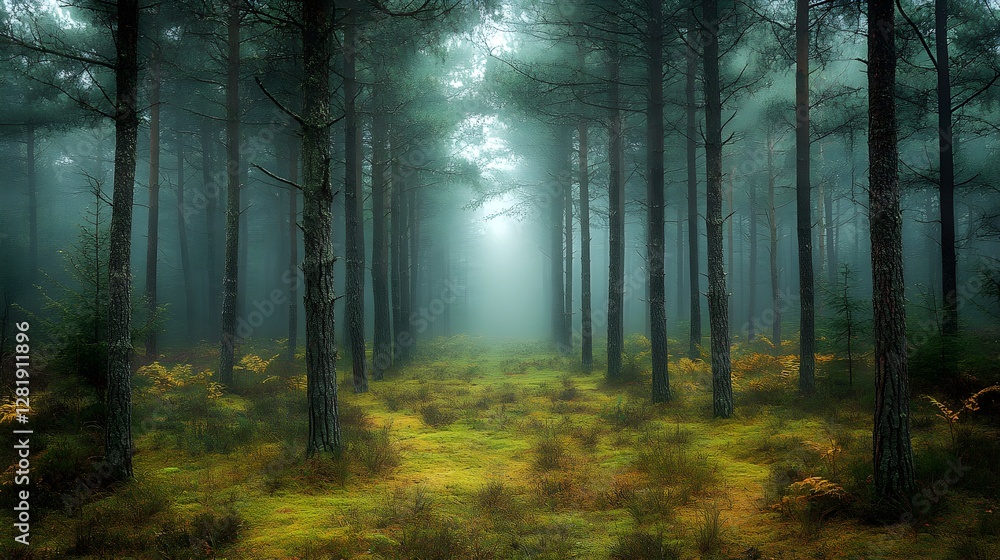 Fototapeta premium Mysterious Pine Forest in Early Morning Fog for Book Covers – Generative AI