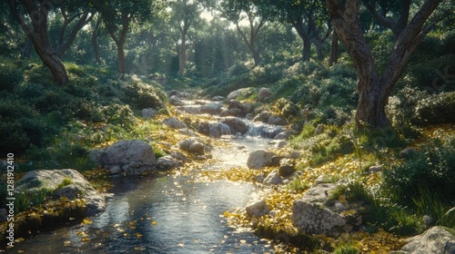 A scenic autumn forest with towering pine trees and golden leaves, casting reflections in a calm, rocky stream. 