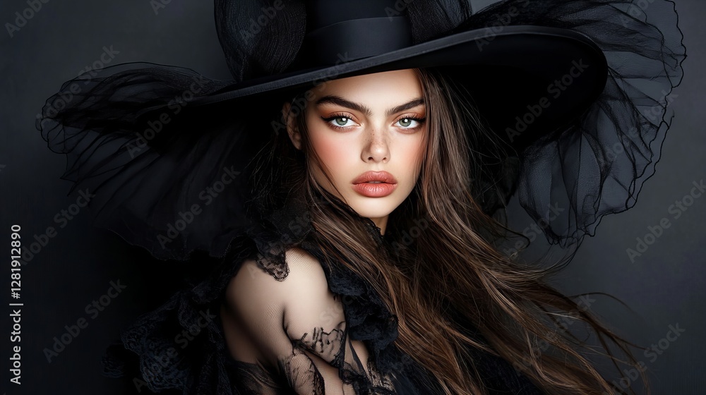 Mysterious young woman with long brown hair in a wide-brimmed black hat. Elegant and dramatic portrait. Mysterious young woman with long brown hair in a wide-brimmed black hat. Elegant and dramatic portrait.
