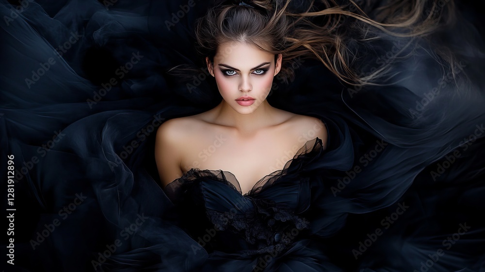 Mysterious young woman in a flowing black dress. Dark and dramatic fashion photography. Mysterious young woman in a flowing black dress. Dark and dramatic fashion photography.