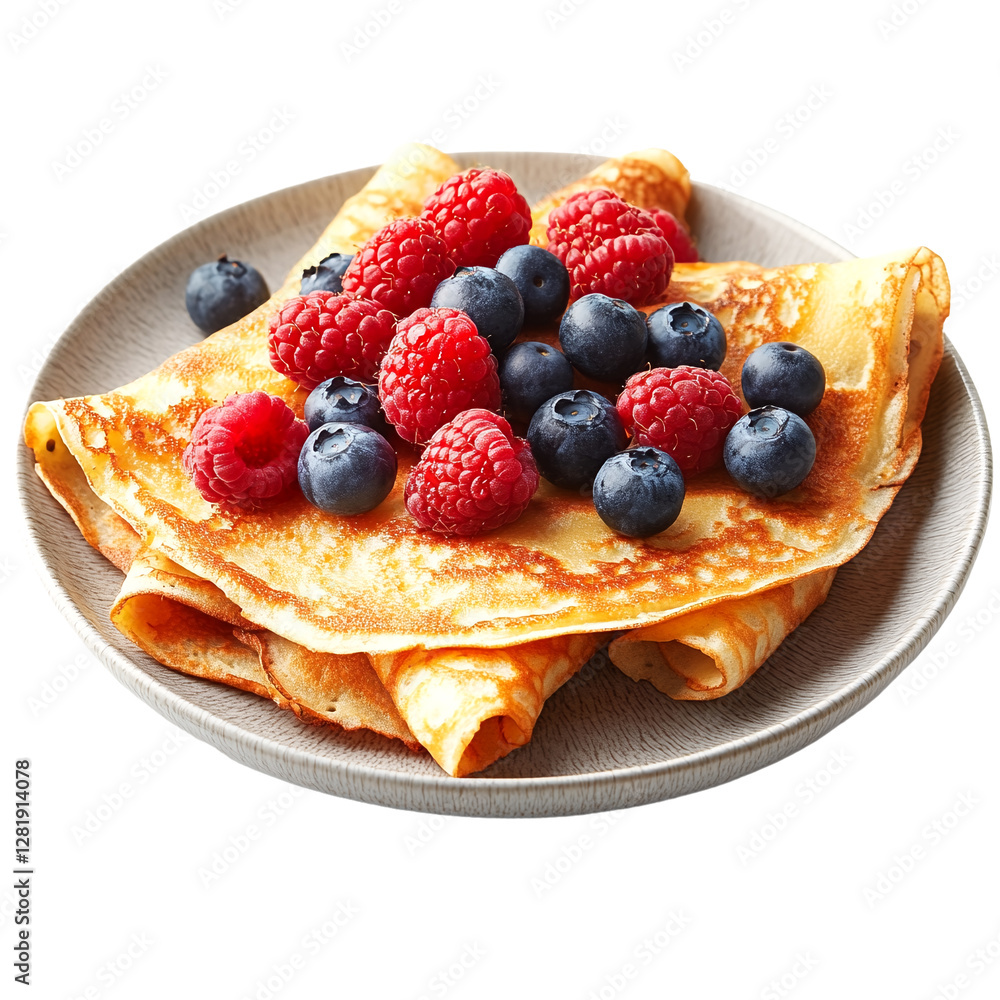A plate of crepes topped with raspberries and blueberries. A plate of crepes topped with raspberries and blueberries.