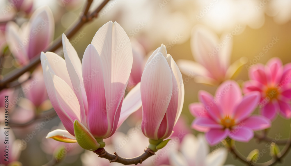 Magnolia buds blooming in soft morning light, beauty of nature Magnolia buds blooming in soft morning light, beauty of nature