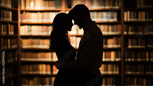  A Silhouette in the Library of a Romantic Couple Love Story