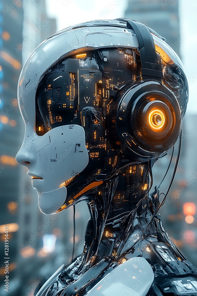 Fototapeta premium Robot listening city background