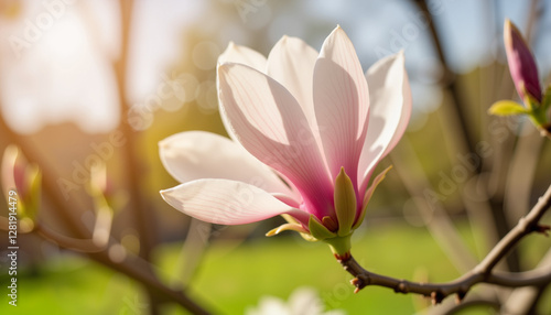 Isolated magnolia bud blooming in tranquil spring setting, nature's beauty