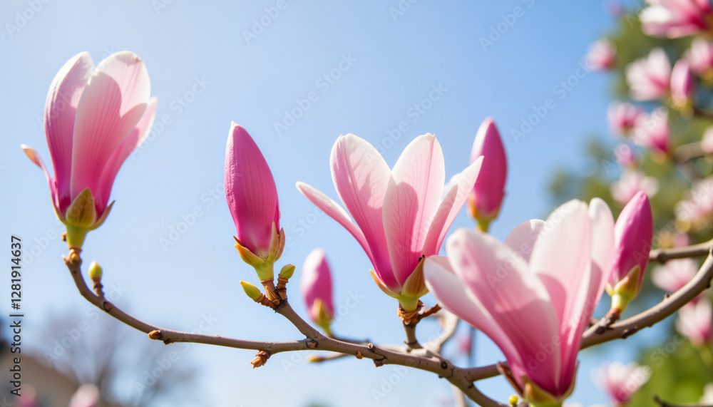 Obraz premium Vibrant pink magnolia buds against a clear blue sky, spring beauty
