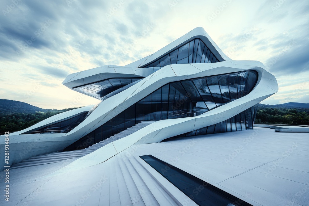 Fototapeta premium Stunning futuristic architecture emerges against a moody sky in a serene natural setting