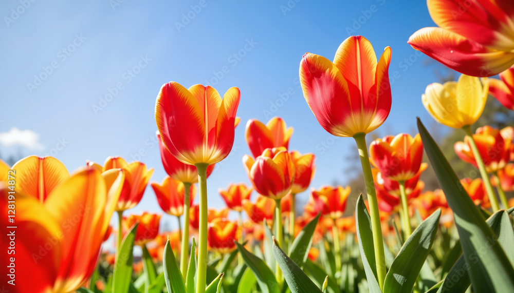 Vibrant spring tulip blossoms in sunny garden setting, natural beauty Vibrant spring tulip blossoms in sunny garden setting, natural beauty