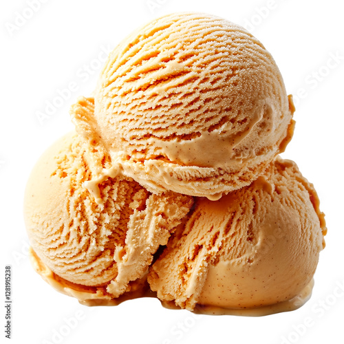 A scoop of creamy orange ice cream sits on top of two scoops, with a third scoop partially visible underneath.