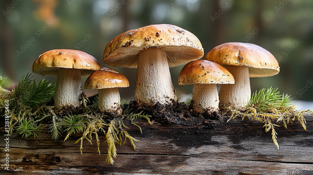 Edible Boletus mushrooms growing on log, surrounded by moss and greenery, create natural and vibrant scene in forest Edible Boletus mushrooms growing on log, surrounded by moss and greenery, create natural and vibrant scene in forest