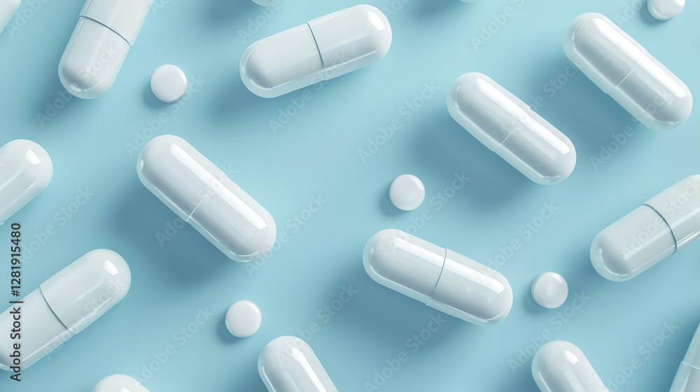 Pills and capsules on blue background. Concept of high quality pharmaceutical production for healthcare. Close-up. Pills and capsules on blue background. Concept of high quality pharmaceutical production for healthcare. Close-up.