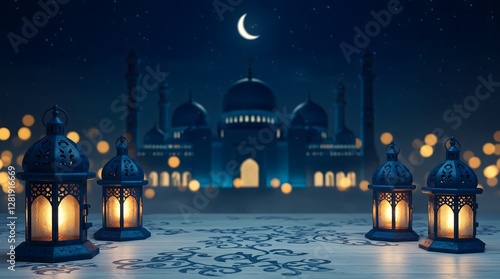 Ornate lanterns glowing on wooden surface - Grand mosque with blue domes and minarets - Ramadan Kareem night background