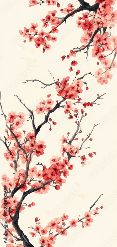Handpainted cherry blossom branches intertwining with a Japanese hempleaf pattern, exuding organic elegance Handpainted cherry blossom branches intertwining with a Japanese hempleaf pattern, exuding organic elegance