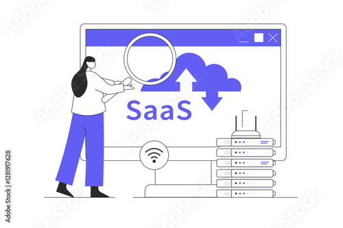 SaaS concept, Software as a service. Cloud computing and storage, online subscription to programs. Flat Cartoon Vector Illustration, icon. Stylish abstract Flat design for website