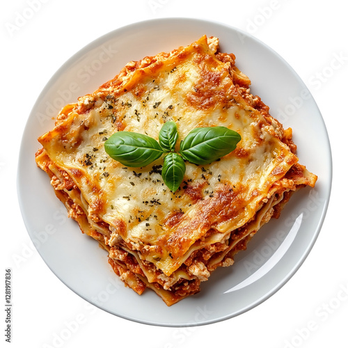 A plate of lasagna topped with basil leaves.