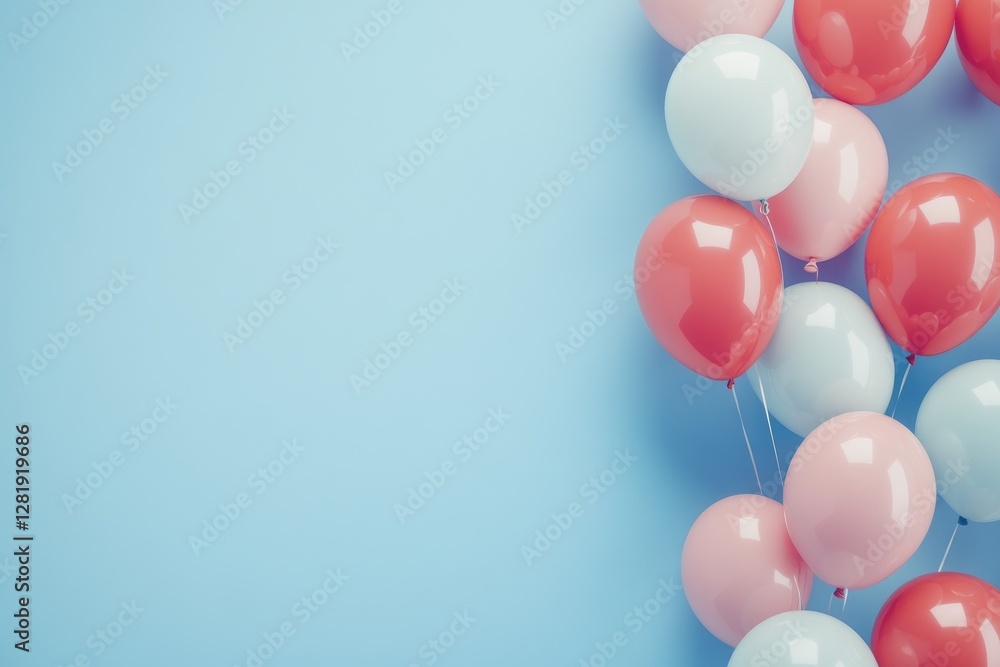 Glossy red, white, and pink balloons on a soft blue background with space for text, ideal for birthday invitations, party decorations, celebration banners, and festive designs Glossy red, white, and pink balloons on a soft blue background with space for text, ideal for birthday invitations, party decorations, celebration banners, and festive designs