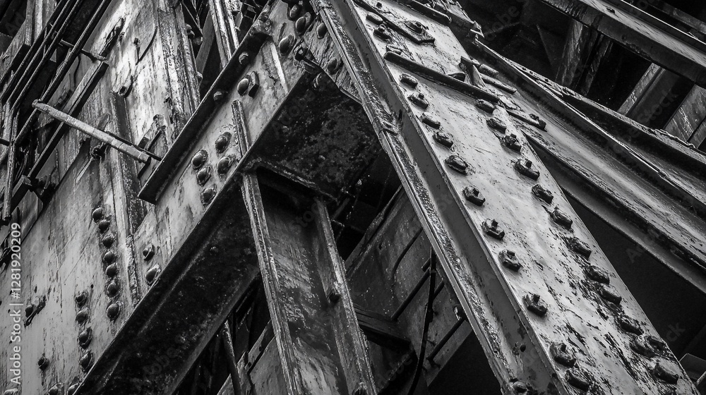 Rusty industrial steel structure, close-up, urban decay, background blur, architecture Rusty industrial steel structure, close-up, urban decay, background blur, architecture
