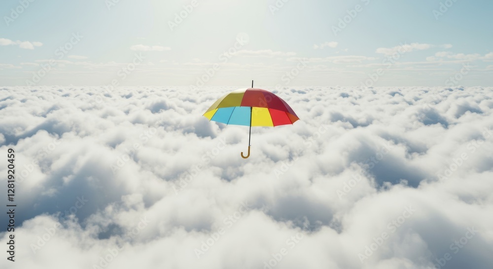 Fototapeta premium Vibrant umbrella soaring amidst fluffy cloudscape whimsical serenity