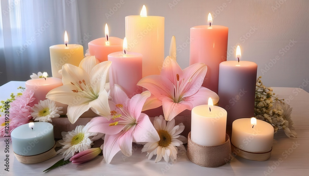 A serene setup featuring pastel-colored candles, elegantly arranged with a delicate floral display of lilies, creating a calm, tranquil ambiance perfect for relaxation or a peaceful gathering. A serene setup featuring pastel-colored candles, elegantly arranged with a delicate floral display of lilies, creating a calm, tranquil ambiance perfect for relaxation or a peaceful gathering.