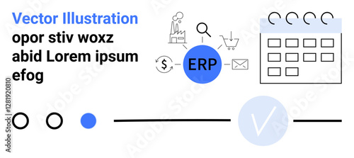Various business icons thumbs up calendar, magnifying glass, and shopping cart around ERP sign. Ideal for business management, productivity, process automation, ERP systems, scheduling, e-commerce