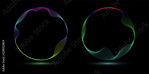 Set of glowing neon color circles round curve shape with wavy dynamic lines isolated on black background technology concept. Circular light frame border.