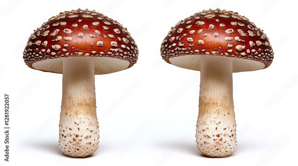 Obraz premium Vibrant Red Mushroom with White Spots on a Plain Background