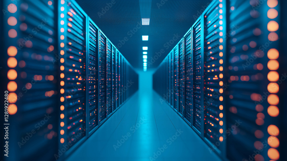Fototapeta premium A dimly lit server room lined with rows of servers, illuminated by soft blue and orange lights, creating a high-tech atmosphere.