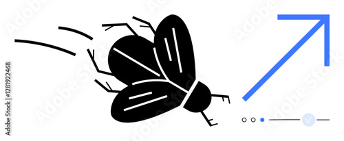 Black fly with minimalistic design flies forward toward a large blue arrow. Ideal for growth, progress, direction, change, innovation, ambition, success. Line metaphor