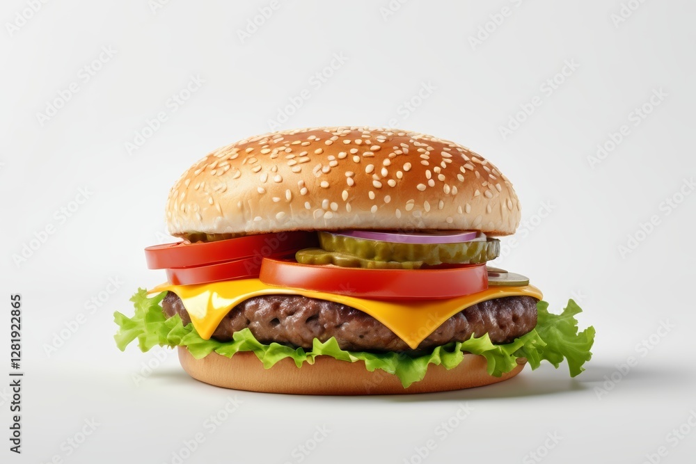 there is a hamburger with cheese, tomato, and lettuce on it there is a hamburger with cheese, tomato, and lettuce on it