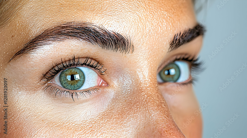 Fototapeta premium Close-up woman's green eyes, neutral background, beauty