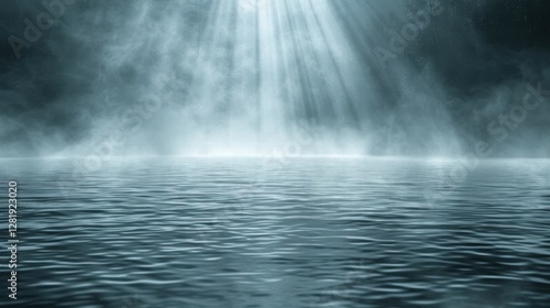 Serene Reflection of Soft Light on Foggy Tranquil Water Surface