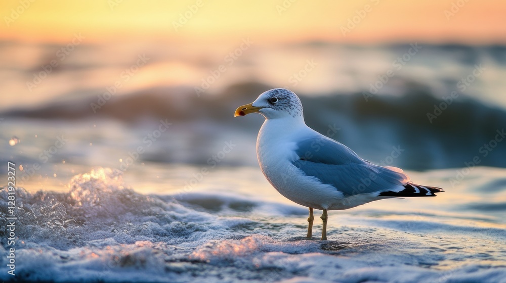 Seagull standing on wet sand at sunset near ocean waves. Generative AI