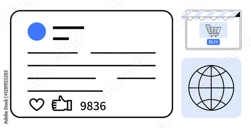 Social media post detailing thumbs ups, global connectivity icon, and online shopping. Ideal for digital marketing, e-commerce, global business, social media management, user engagement strategies
