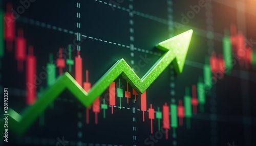 Wallpaper Mural Dynamic financial action with green arrow shooting upward through red and green candlestick patterns Torontodigital.ca