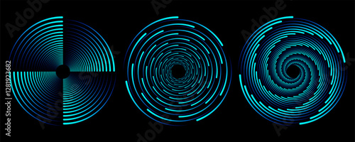 Abstract circle line pattern spin blue green light isolated on black background in the concept of music, technology, digital