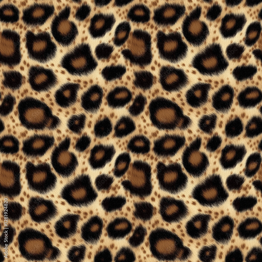A highly detailed seamless leopard fur pattern with rich brown and black rosettes on a golden-beige background A highly detailed seamless leopard fur pattern with rich brown and black rosettes on a golden-beige background