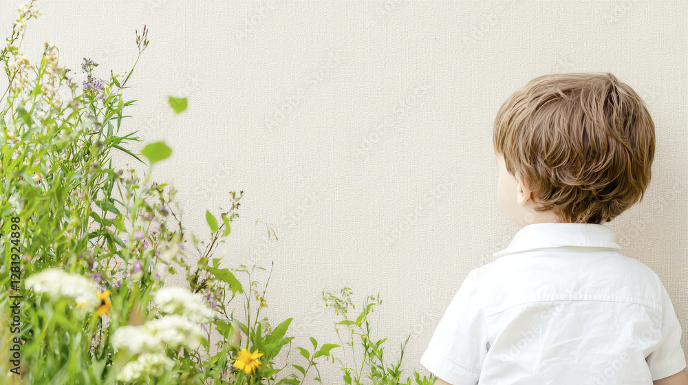 child stands in field of wildflowers, gazing at blank wall, evoking curiosity and innocence child stands in field of wildflowers, gazing at blank wall, evoking curiosity and innocence