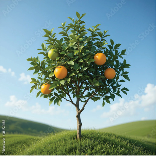 orange tree with oranges on blue sky