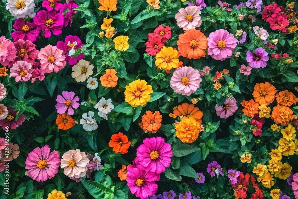 Vibrant Summer Garden with a Colorful Array of Zinnia Flowers in Full Bloom Vibrant Summer Garden with a Colorful Array of Zinnia Flowers in Full Bloom