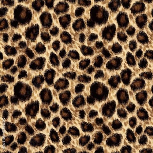 A seamless leopard fur pattern with a slightly more defined and high-contrast rosette pattern. The black markings are bold against the golden-brown base, enhancing the sense of texture and depth