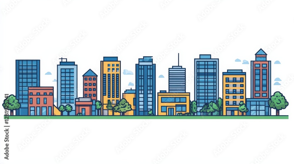 Fototapeta premium Vibrant city skyline illustration featuring diverse buildings and greenery under a clear sky