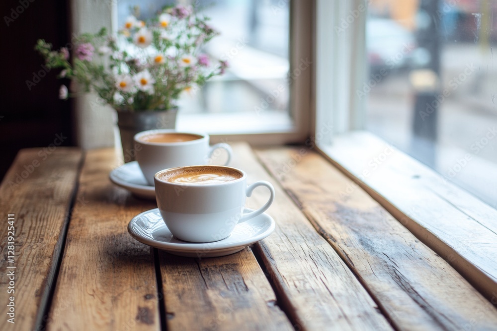 Relaxing afternoon with coffee and flowers at a cozy cafe in a bustling city. Generative AI Relaxing afternoon with coffee and flowers at a cozy cafe in a bustling city. Generative AI