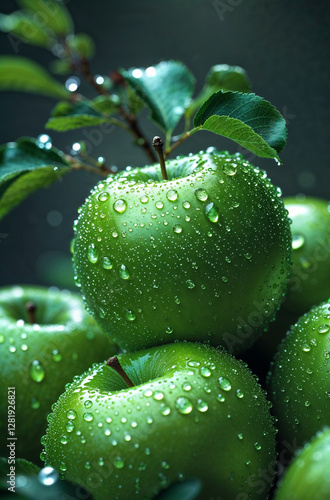 Saftige grüne Äpfel benetzt mit Wasser