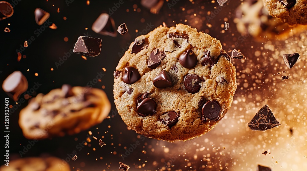 Chocolate chip cookies in mid-air, captured with a burst of energy and delicious detail. Sweet treat perfection! Chocolate chip cookies in mid-air, captured with a burst of energy and delicious detail. Sweet treat perfection!